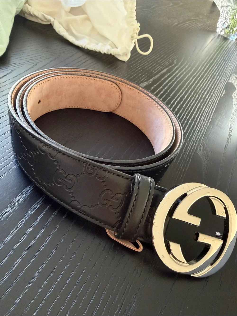 Gucci Black Leather Belt with Silver Double G Buckle